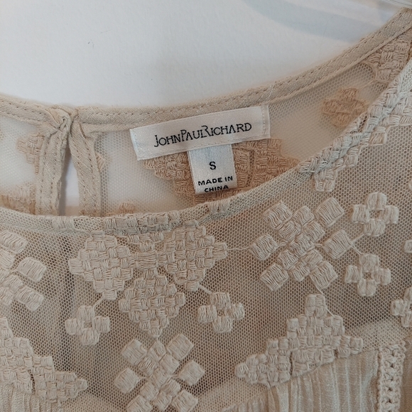 JohnPaulRichard Top Blouse Peasant Boho Penny Lane Tunic Lace Beige Tan Small - Picture 6 of 13